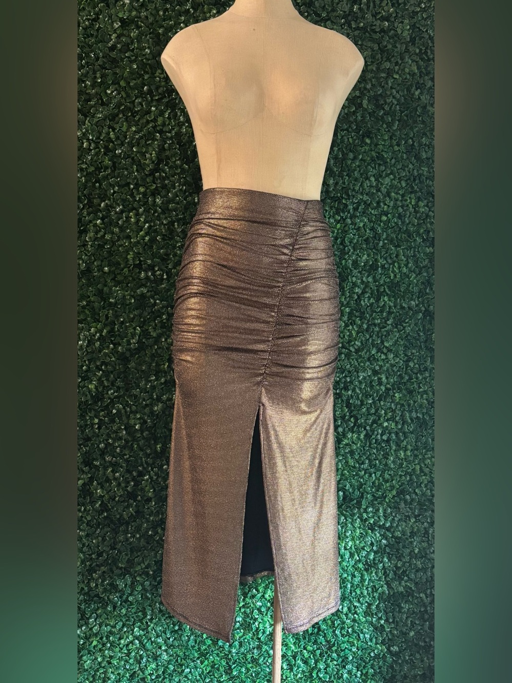 Sz S ZARA NWT Metallic Bronze Ruched Midi Skirt Festive Days